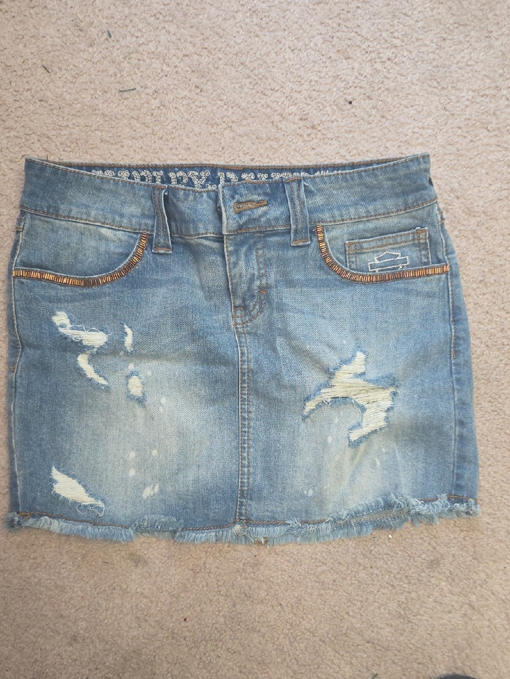 Harley-Davidson Light Blue Distressed Denim Mini Skirt with Embellished Pockets
